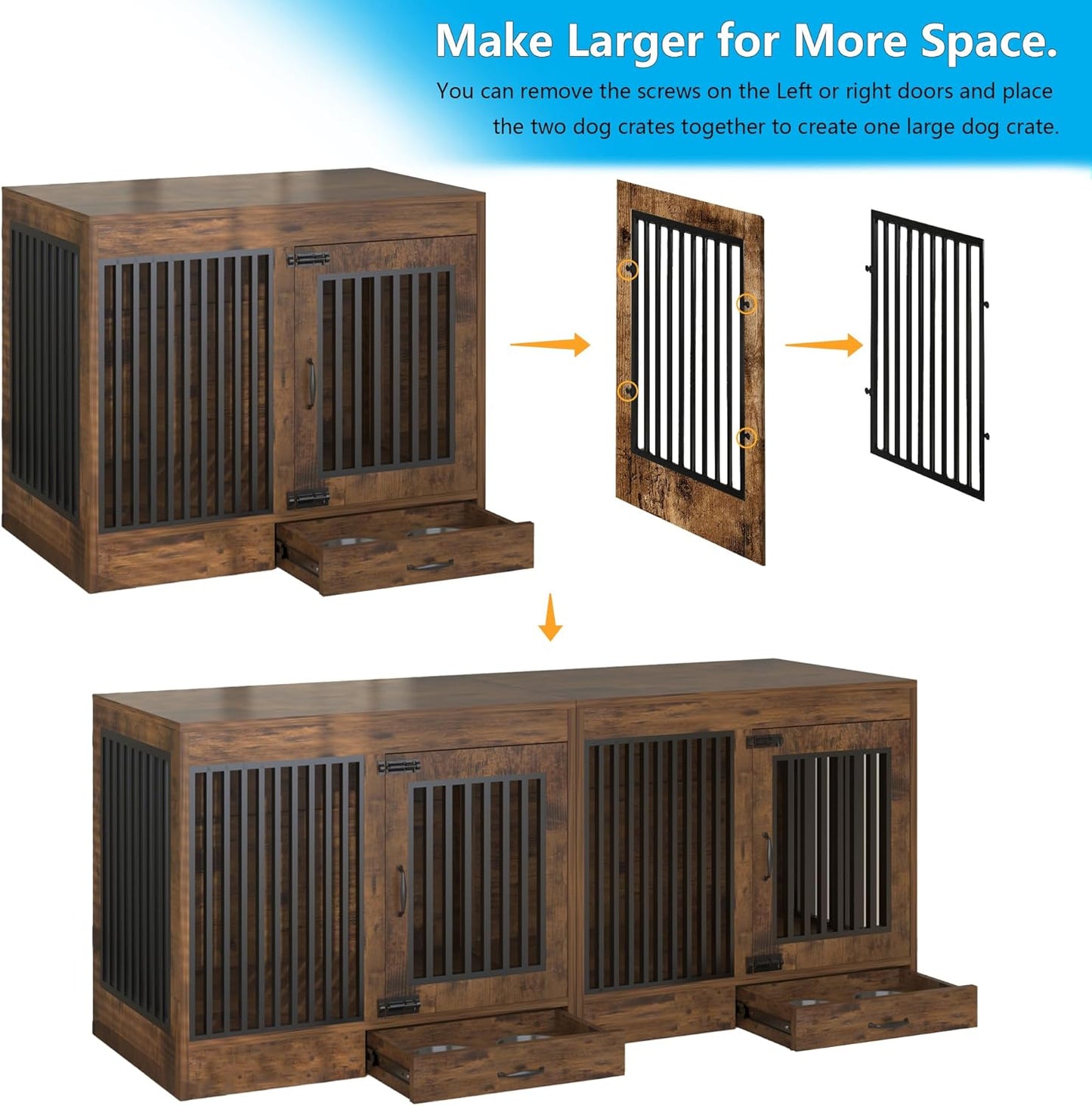 Rustic Brown Heavy Duty Furniture Dog Crate, Wood and Metal Kennel Cage, Pet House End Table with Drawer and Pull-Out Design, Dog Home for Indoor use, Large Size