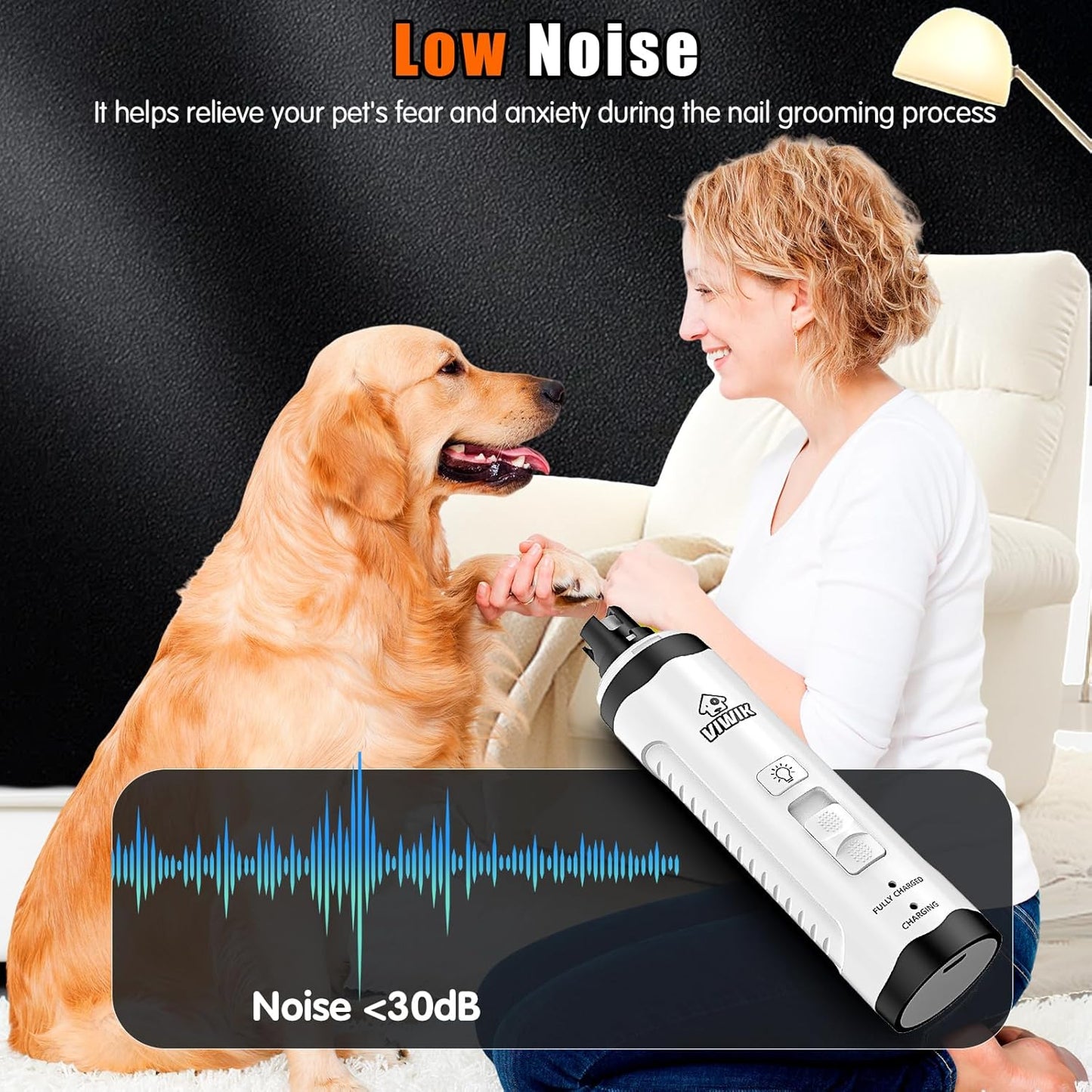 VIWIK Dog Nail Grinder with 2 LED Light, Dog Nail Trimmers, Quiet Dog Nail Clippers Kit for Large Medium Small Dog's Paw & Cat's Claw, Electric 2-Speed Pet Toenai Grinder, Gifts for Dog Lovers