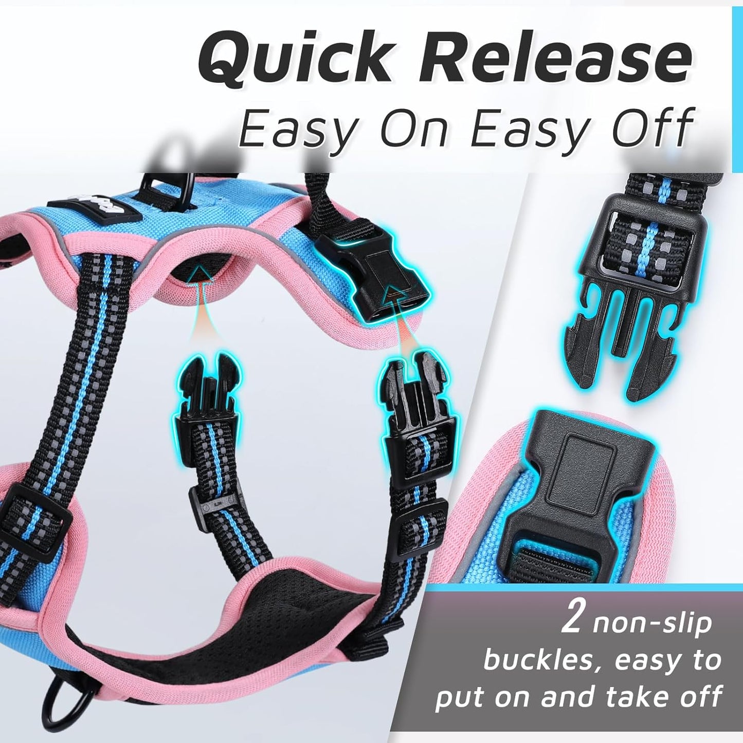 Eagloo Dog Harness for Large Dogs, No Pull Service Vest with Reflective Strips and Control Handle, Adjustable and Comfortable for Walking, No Choke Pet Harness with 2 Metal Rings, Pink & Blue, L