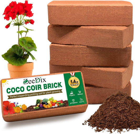 ZeeDix 6 Pcs Coco Coir Brick for Plants, 100% Organic Coconut Coir Bricks with Low EC and pH Balance, Compressed Coconut Husk Bricks for Gardening, Planting, Organic Potting Soil, High Water Retention