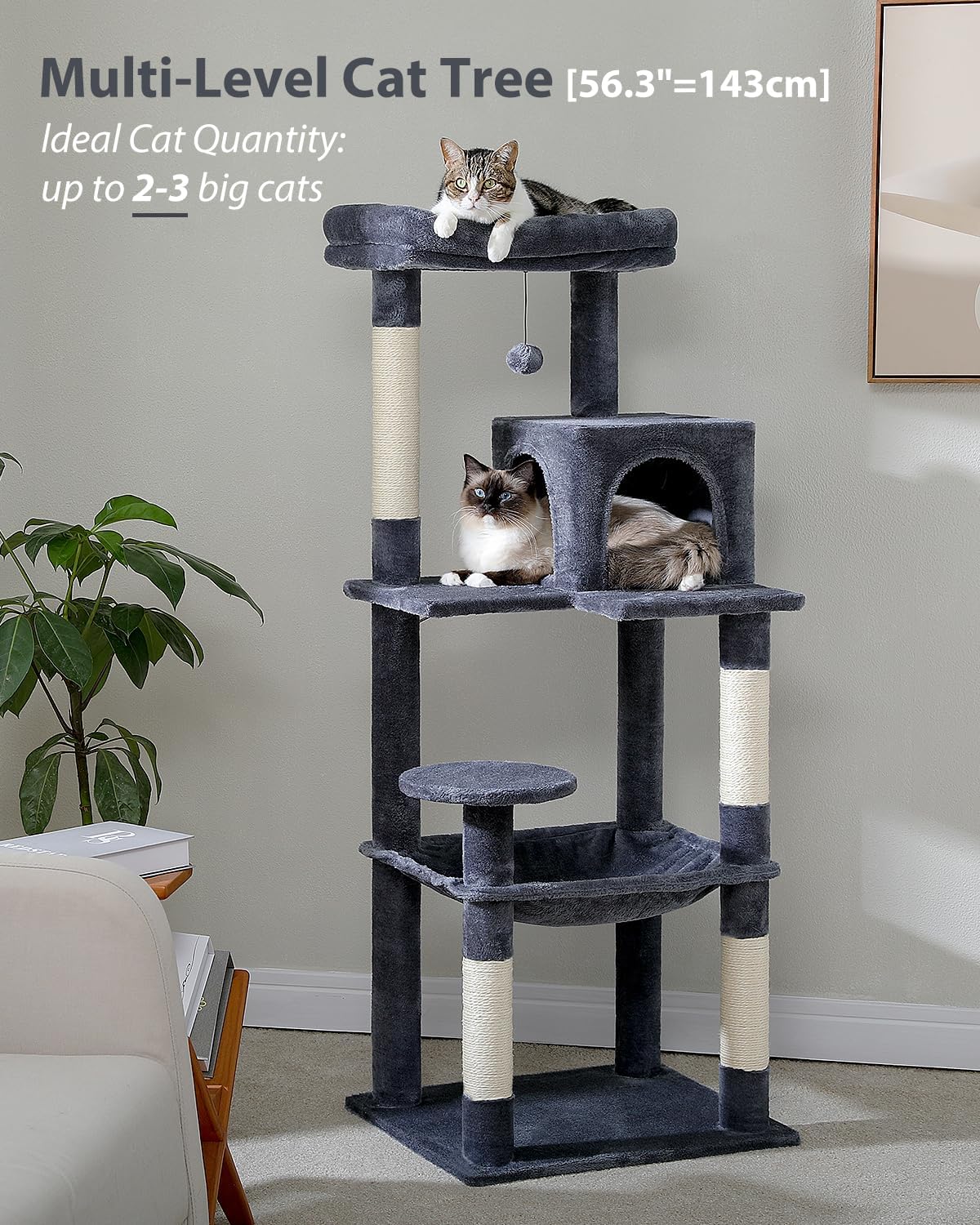 Cat Tree for Large Cats with Metal Plush Big Hammock, 56.3" Cat Tower for Indoor Cats with 2 Door Condo House, 6-Tier Cat Shelves with Scratching Posts and Large Top Perch, Dark Gray