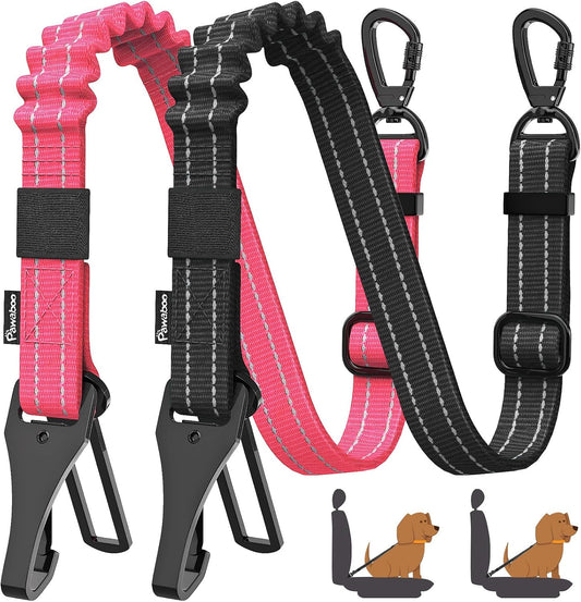 Pawaboo 2Pack Dog Seatbelt for Car, 3-in-1 Dog Car Seat Belt Bungee, Shockproof Dog Tether for Car with Buckle & Hook Latch, Adjustable Reflective Dog Harness Leash with 360° Lockable Buckle, Pink