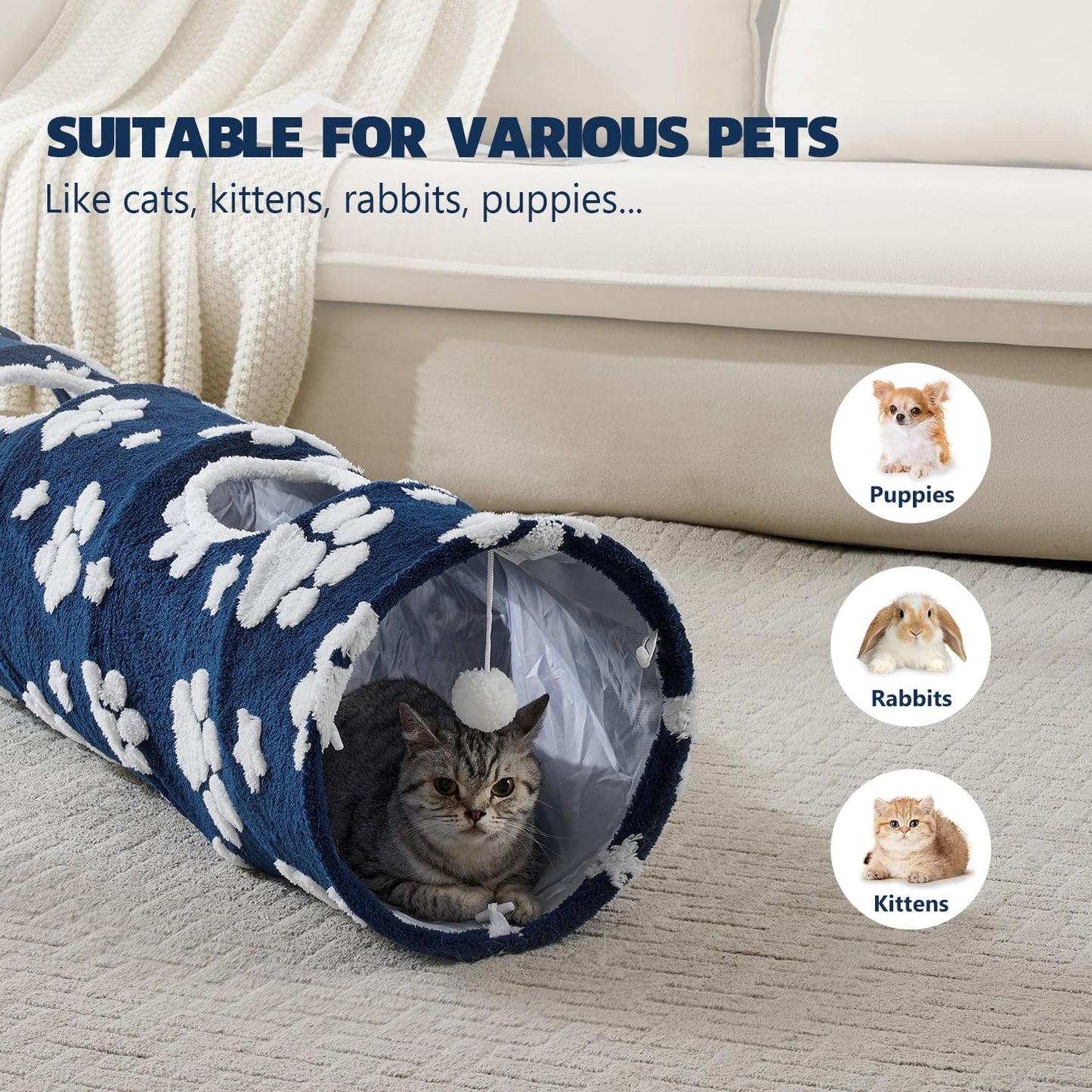 Straight Cat Tunnel for Indoor Cats 47"x12", Cute Cat Toys Collapsible Tunnel Tube with Balls for Puppy Kitten Rabbit, Blue Paw