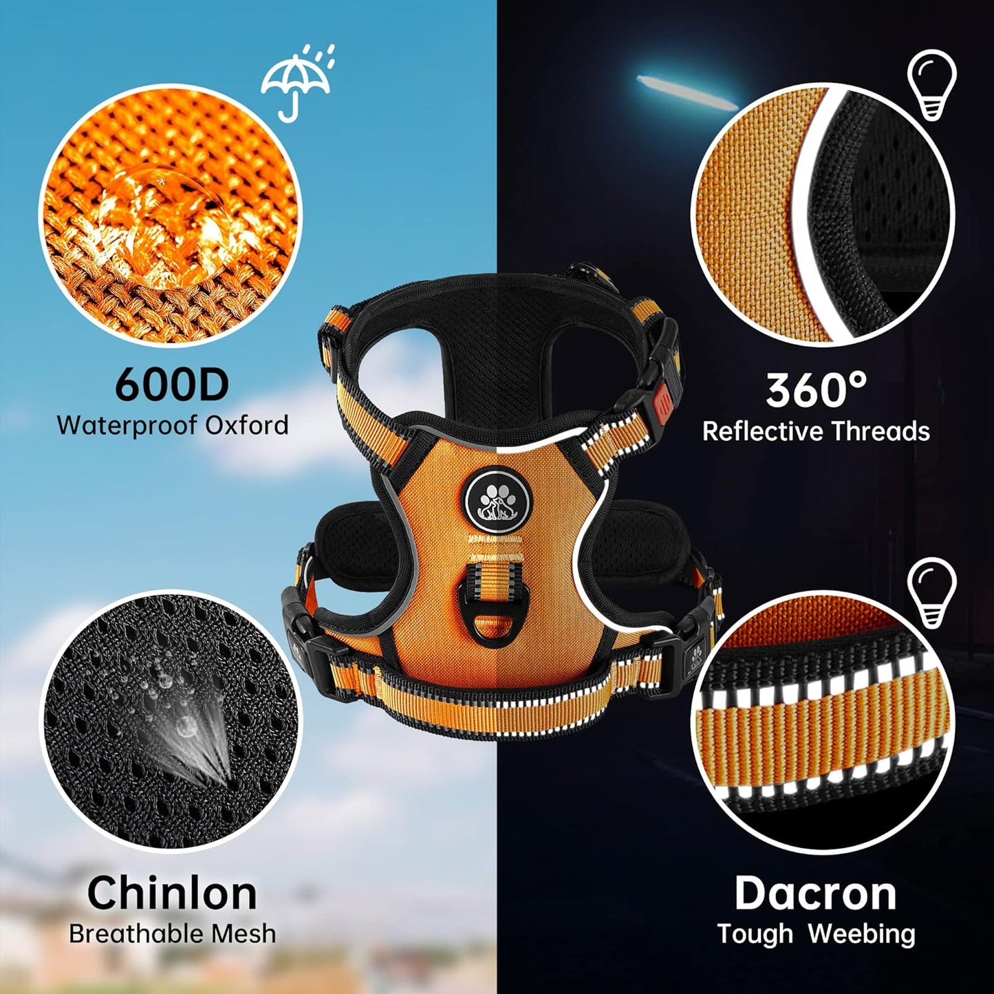 NESTROAD No Pull Dog Harness,Adjustable Oxford Dog Vest Harness with Leash,Reflective No-Choke Pet Harness with Easy Control Soft Handle for Large Dogs(Large,Orange)