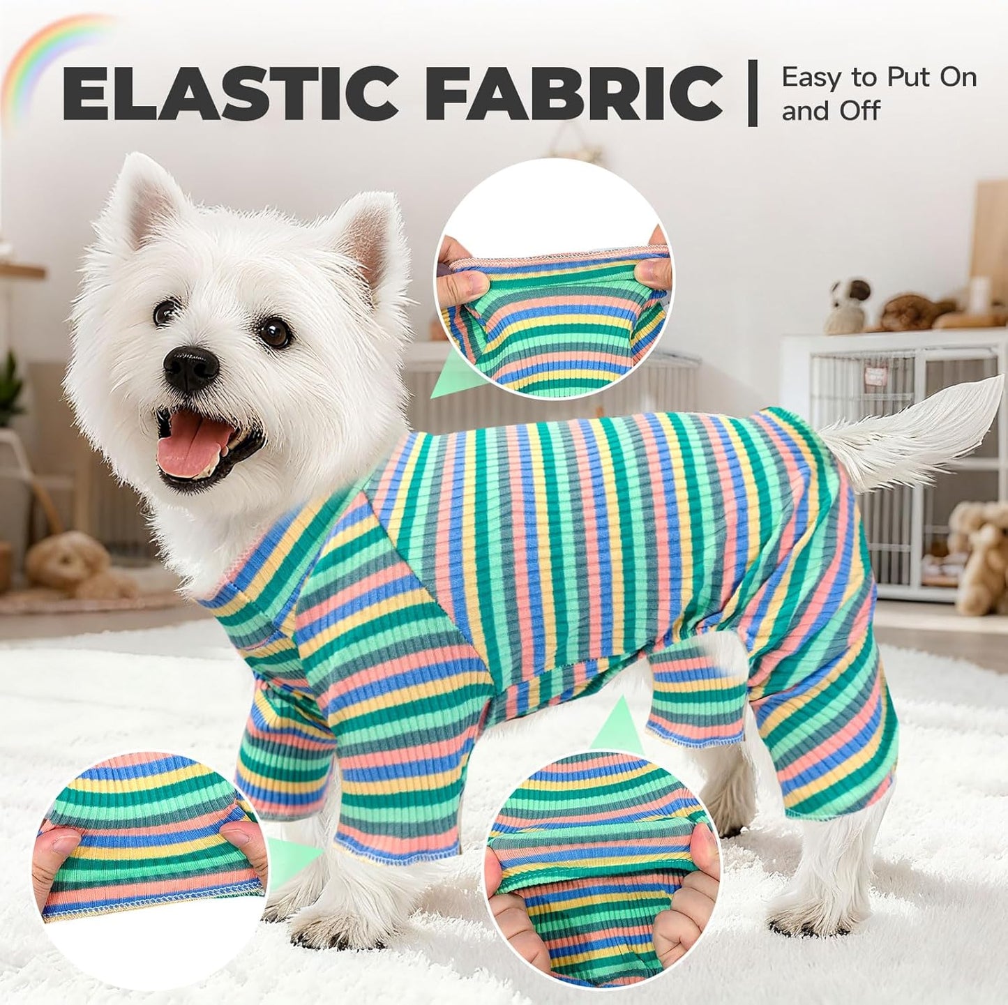 BAEJMJK Striped Dog Pajamas Stretchy Cute Four-Legged Boy Girl Dog Clothes with Sleeves Comfortable Dogs Jumpsuit Colorful Pet Puppy Outfits Apparel for Small Medium Dogs Cats(Green,X-Large)