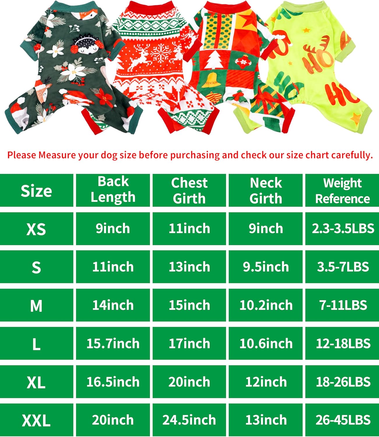 PET SHOW 4 Pack Christmas Small Dog Pajamas Holiday Dog Clothes for Medium Dogs Girl Boy Soft Stretchy PJs Xmas Jumpsuit Puppy Cats Onesies Red Green Outfits with Sleeve Pets Dachshund Costume M