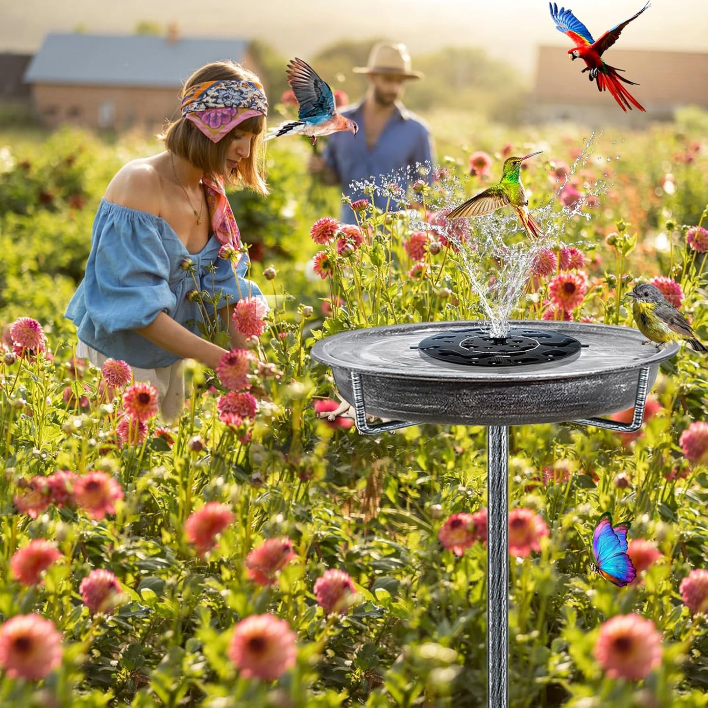 Metal Bird Bath for Outdoors Garden Birdbath Bowl, 36.2" Height Freestanding Bird Feeders for Outside with 4 Prongs Base Stake, Standing Birdfeeders for Yard Lawn Decor (Retro Silver)