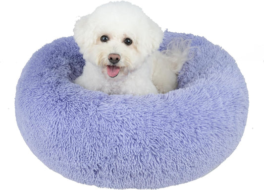 Best Pet Supplies Round Donut Dog Bed with Plush Faux Fur Fabric, Calming, Anti-Anxiety Cushion for Indoor Pets, Slip-Resistant Base, Soft Ergonomic Support - Lavender, 27x27x7.5''