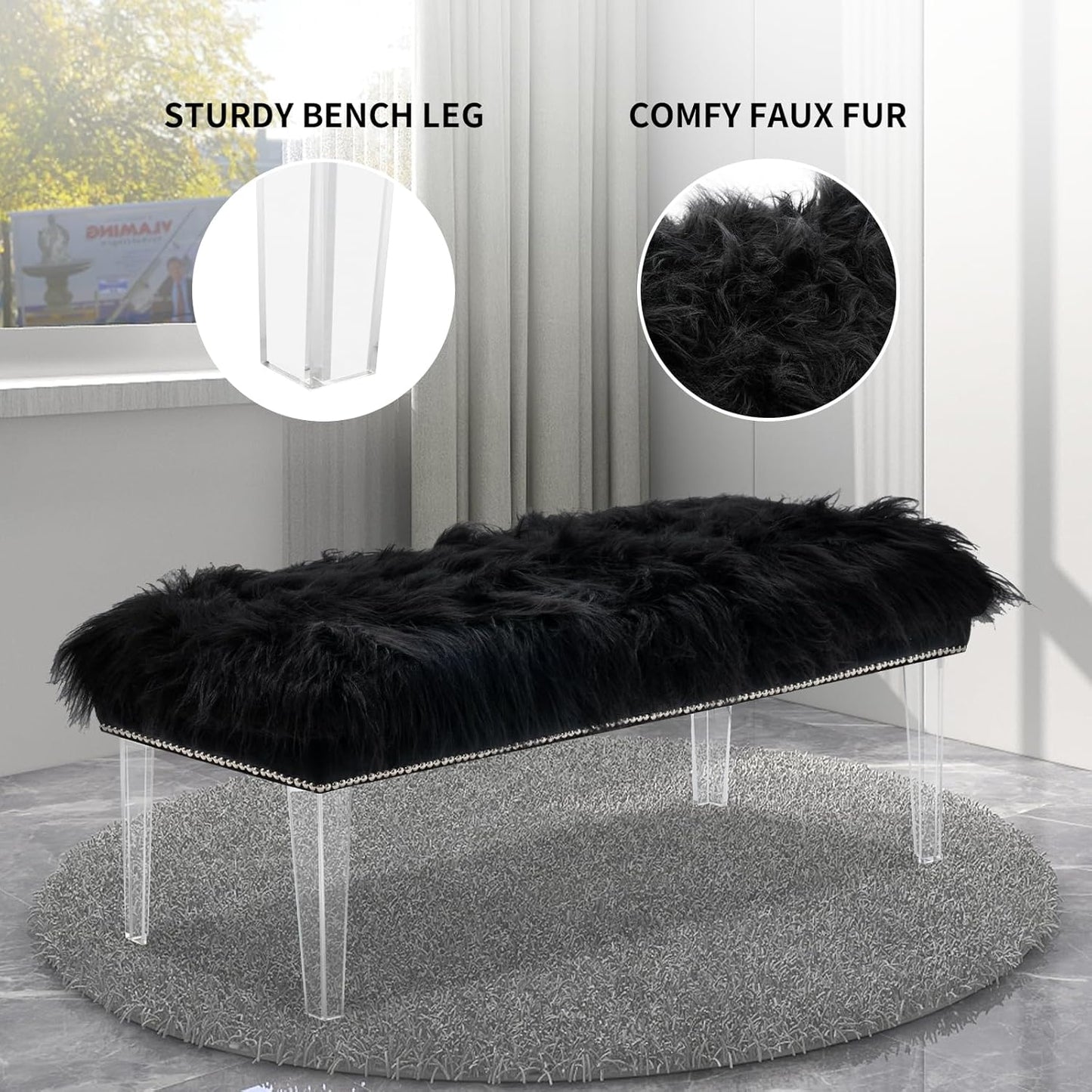 46 Inch Black Bedroom Bench, Benches for Bedroom White Faux Fur Upholstered Bed end Bench, Tufting Bench Indoor Bench with Acrylic Legs for Living Room Bedroom Dining Room Entryway, Black