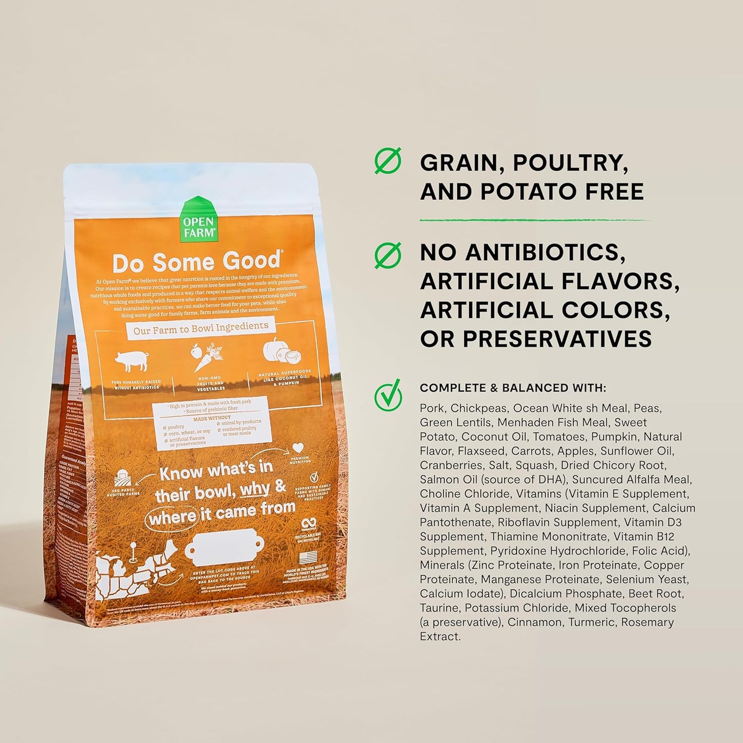 Open Farm, Grain-Free Dry Dog Food, Complete & Balanced Kibble, Sustainably & Ethically Sourced Ingredients, Non-GMO Veggies & Superfoods to Support Overall Health, Pork Recipe, 22lb Bag