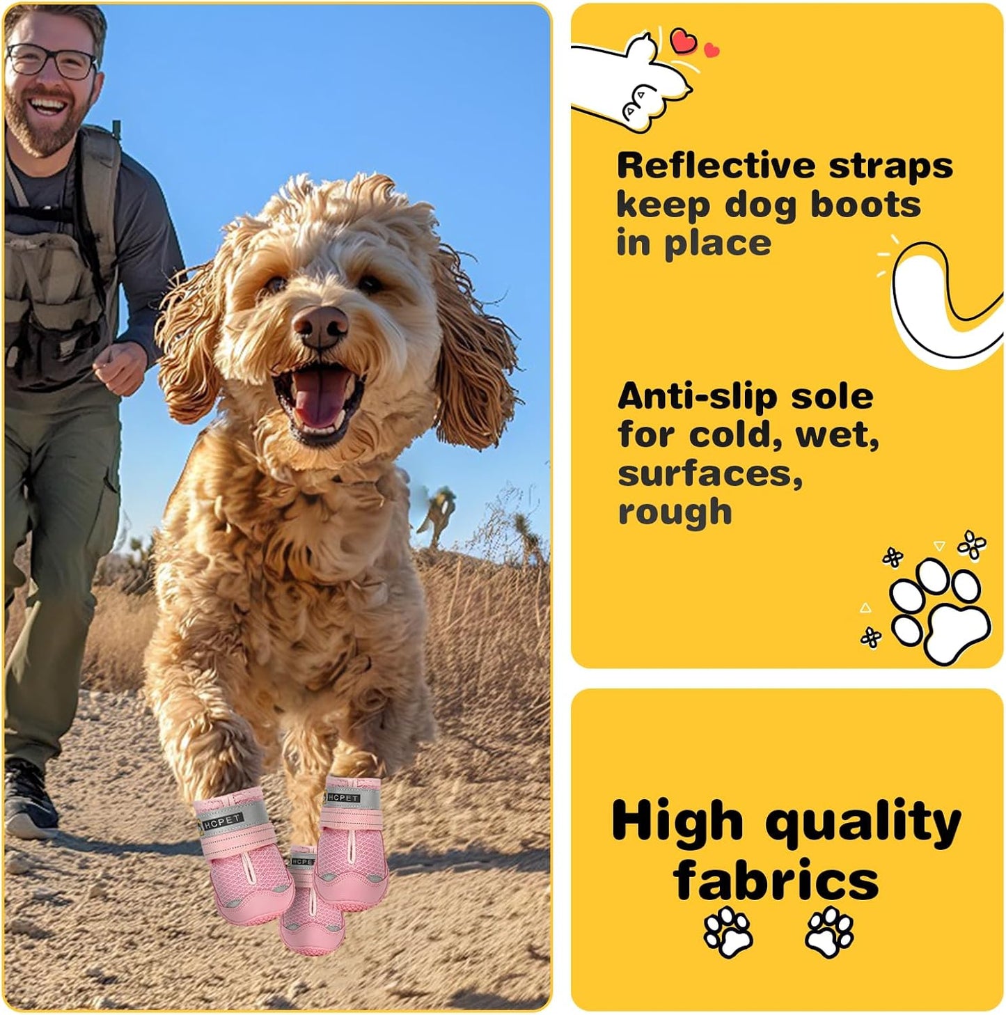 Hcpet Dog Shoes for Large Dogs, Breathable Dog Booties for Small Medium Dogs, Anti-Slip Dog Boots & Paw Protectors for Hot Pavement Winter Snow Hiking with Reflective Straps Pink Size 1