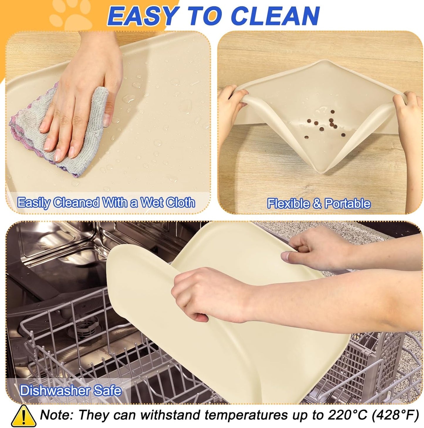 Silicone Pet Feeding Mat with Raised Edge for Food and Water, Dog Bowl Mats, Cat Bowls Placemat with High Lip for Floor Waterproof, Rubber Tray for Cats and Dogs 19 x 12 x0.7 White Sand