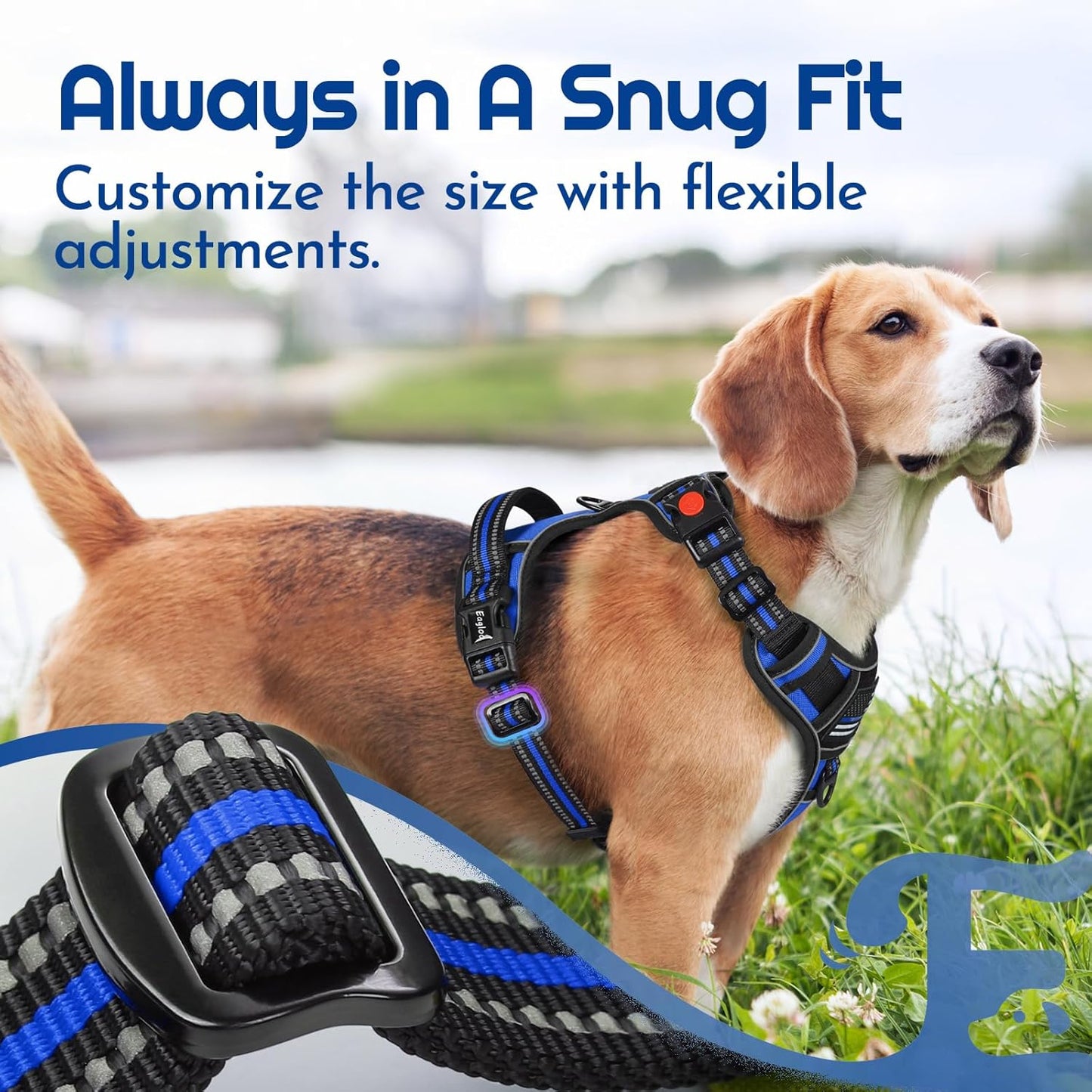 Eagloo Dog Harness for Large Dogs, Easy Wearing with 3 Buckles, Adjustable No Pull Pet Harness with 2 Rings for Walking, No Chock Reflective Soft Padded Vest with Control Handle, Blue & Black, L