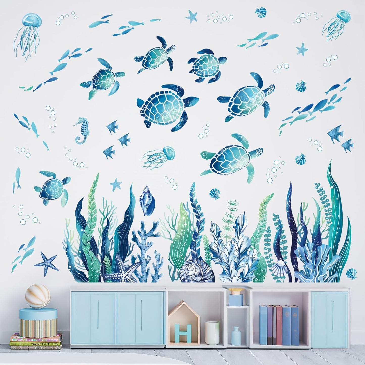 decalmile Under The Sea Seaweed Wall Decals Sea Turtle Ocean Grass Jellyfish Wall Stickers Baby Nursery Bedroom Bathroom Wall Decor