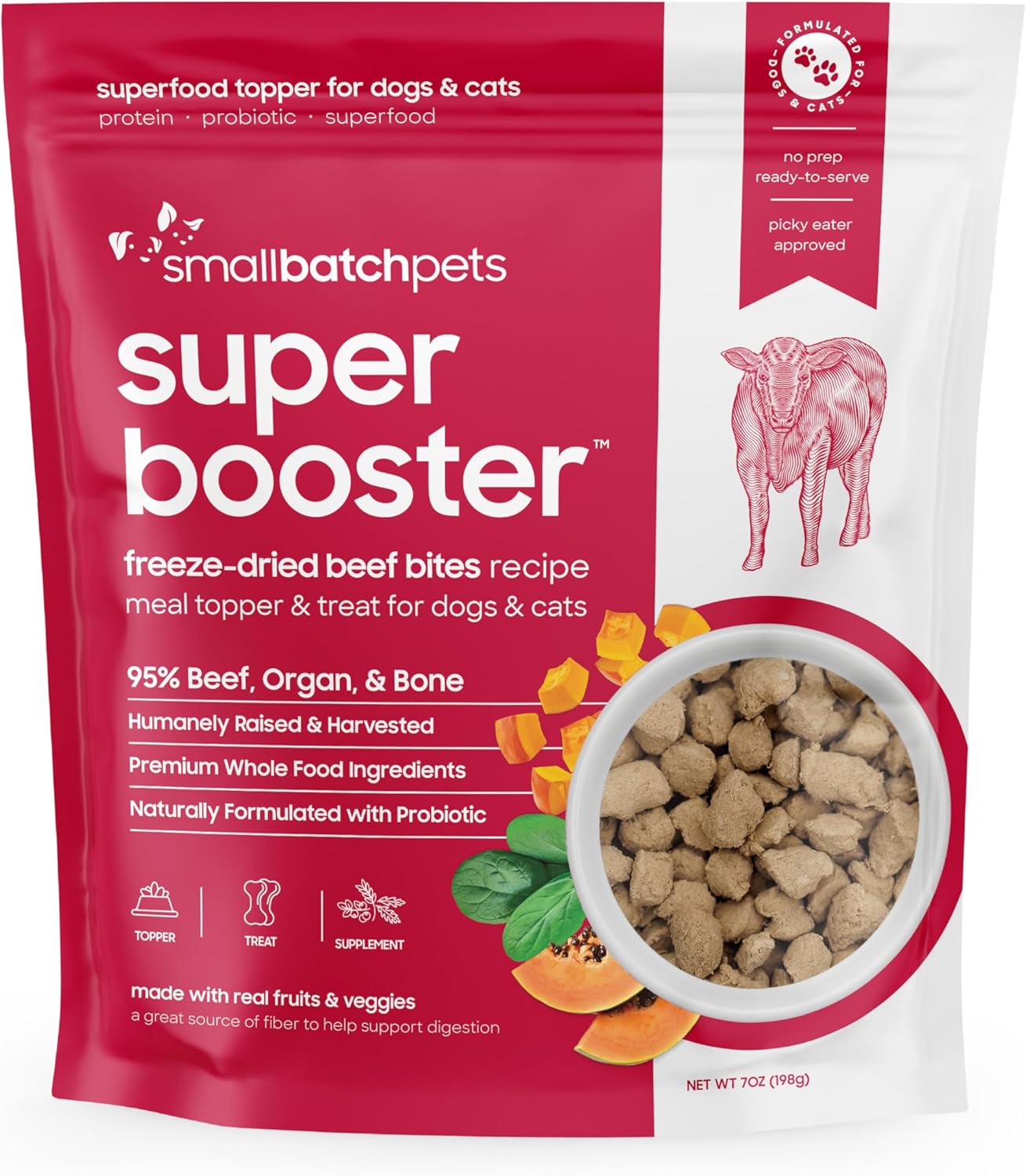 smallbatch Freeze Dried Dog Treats, Superfood Food Topper Beef Bites for Dogs & Cats, Probiotics, Organic Ingredients, High Protein, Grain Free Healthy Treat Food Topper, Made in The USA, 7 oz Bag