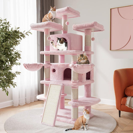 SHA CERLIN 68 Inches Multi-Level Large Cat Tree for Large Kitties/Big Cat Tower with Condo/Cozy Plush ‌Pussycat Perches/Sisal Scratching Posts and Hammocks/Activity Center/Pink