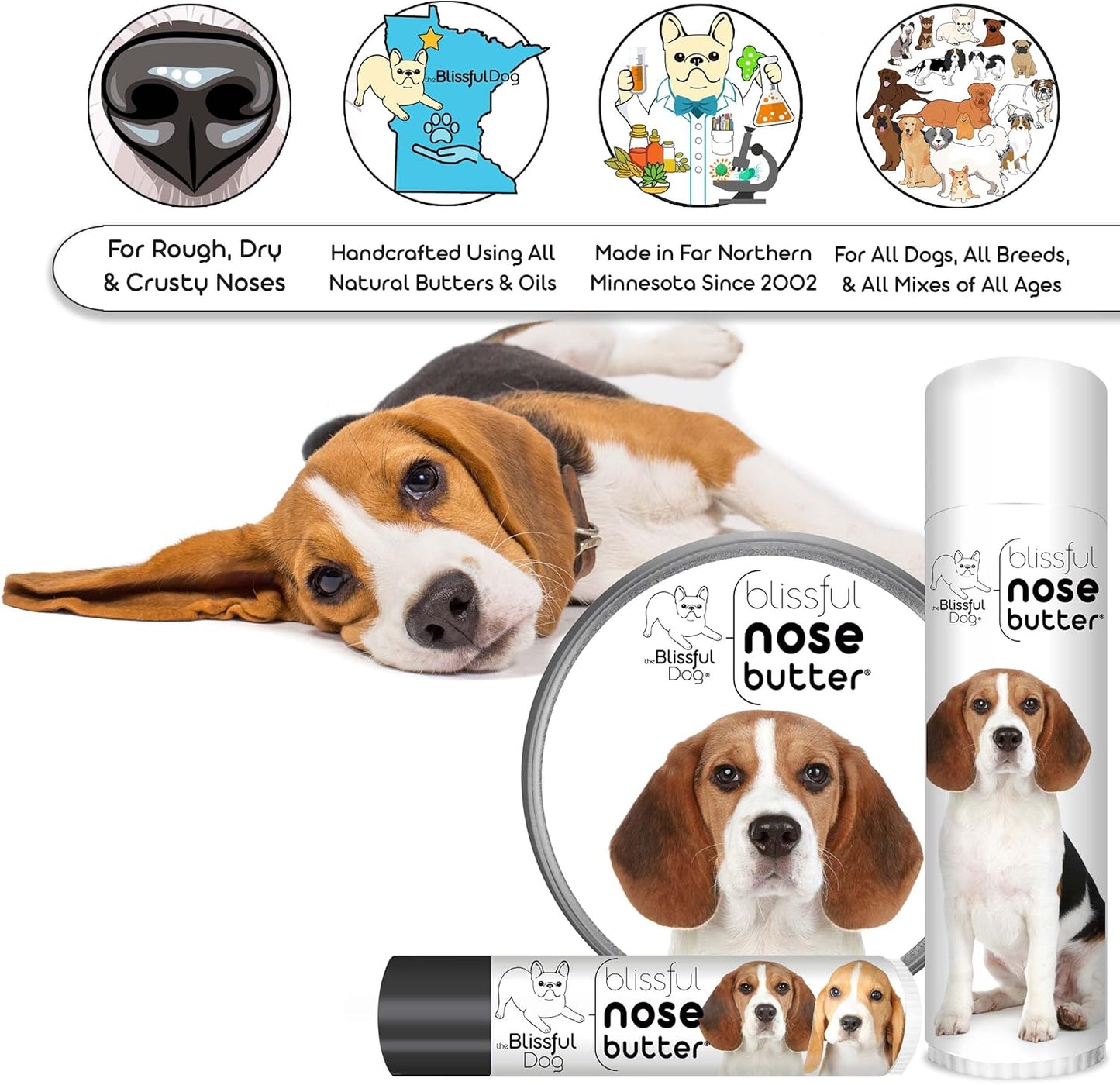 The Blissful Dog Beagle Nose Butter for Dry, Cracked Skin, Lick-Safe Dog Nose Balm with Moisturizing Shea Butter, Almond, Olive, and Essential Oils, Pet Supplies, Uncented, 0.50 oz.