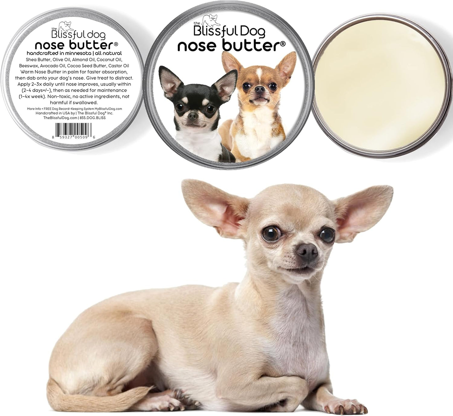 The Blissful Dog Smooth Coat Chihuahua Nose Butter for Dry, Cracked Skin, Lick-Safe Dog Nose Balm with Moisturizing Shea Butter, Almond, Olive, and Essential Oils, Pet Supplies, Uncented, 1 oz.