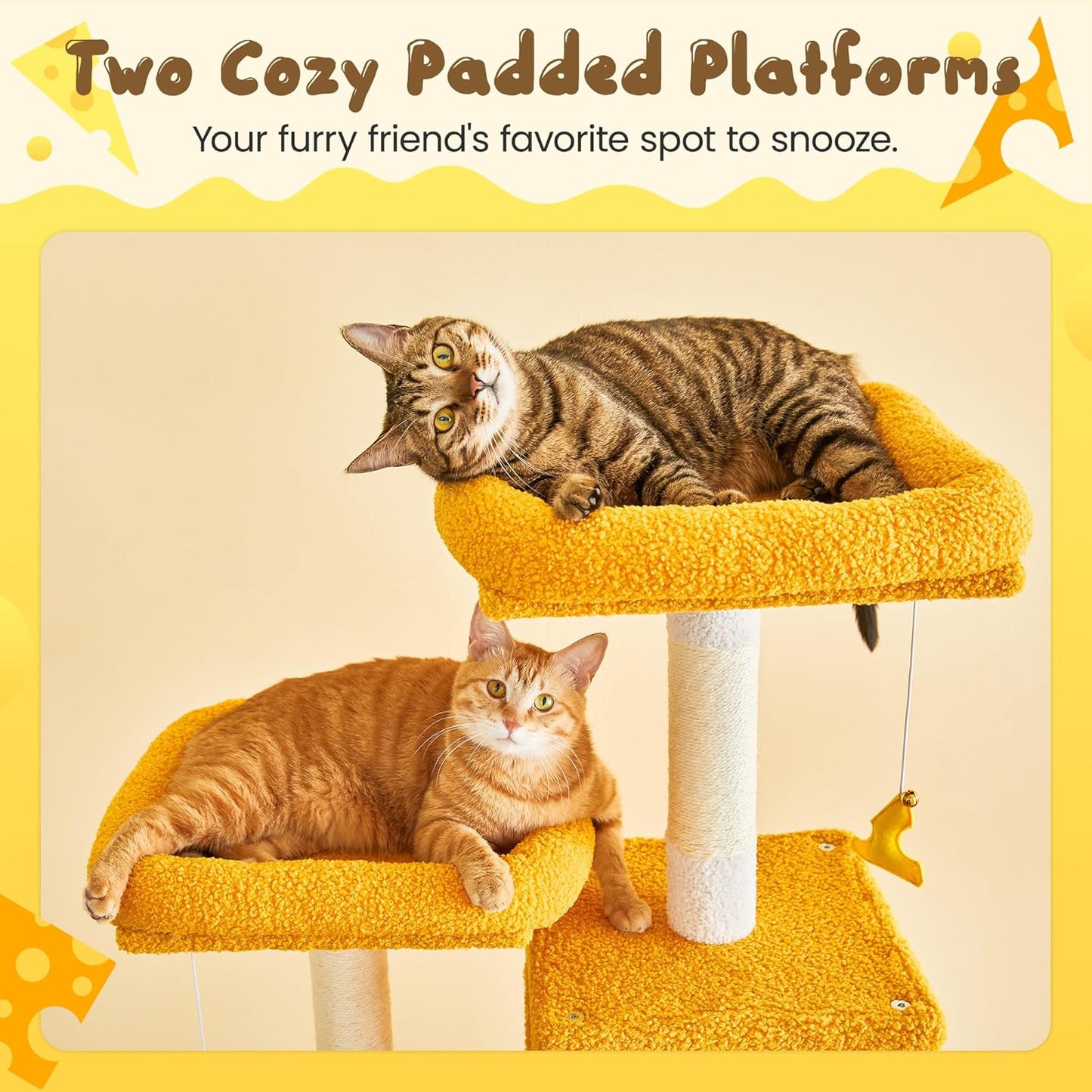MWPO Cat Tree, 70.1-Inch Tall Cat Tower for Indoor Cats Large Adult, Multi-Level Cat Condo with 5 Scratching Posts, 2 Padded Perches, Hammock, Dangling Toys, Yellow