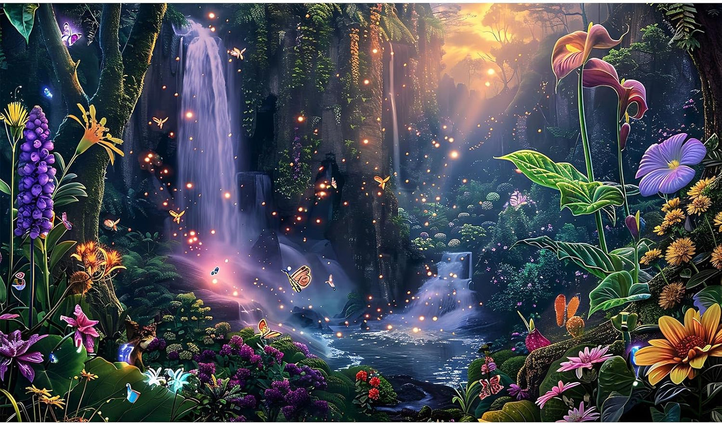 Fantasy Garden Aquarium Background Sunset Waterfall and Flowers Terrarium Backdrop Tropical Forest Lush Plant Magic Butterfly Lights Flowers Fish Tank Background Poster Decorations 30x18in