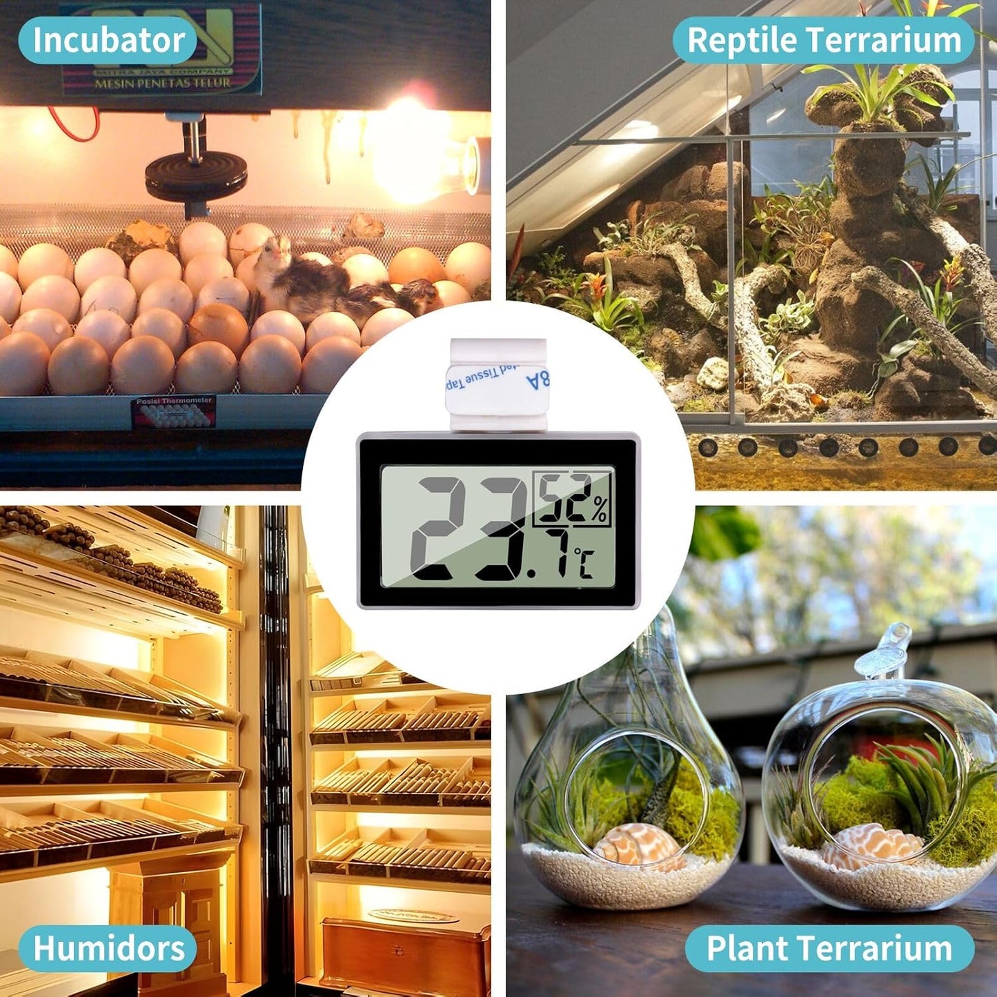 Digital Reptile Thermometer Hygrometer with Hook & Adhesive, LCD Display Temperature Humidity Gauge for Reptile Tanks, Terrariums, Bearded Dragon, Hermit Crab Accessories (-10℃~+50℃/20%-90% RH)