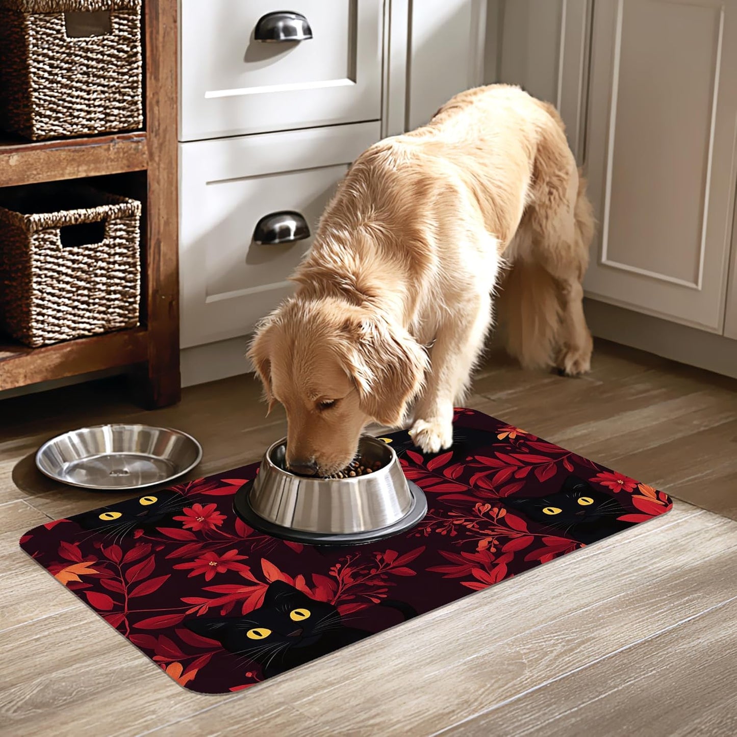 Black Cat Forest Pet Feeding Mat-Quick Dry Absorbent Dog Cat Food Mat, Anti-Slip Water Bowl Mats for Messy Eaters-No Stains Indoor Pet Accessories 16"x24"