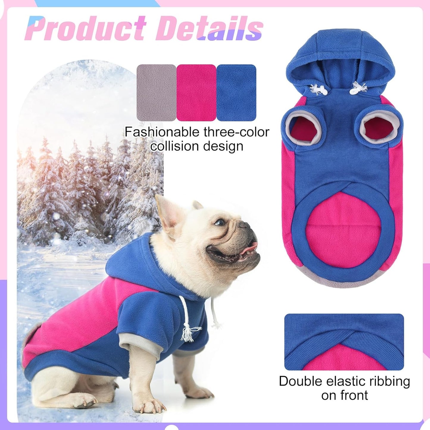 BEAUTYZOO Fleece Dog Hoodie Sweatershirt with Pocket and Leash Hole, Stretchy Small Medium Large Sized Dogs Clothes for Fall Winter Cold Days, Color Designer Warm Dog Jackets,French Bulldog Coats