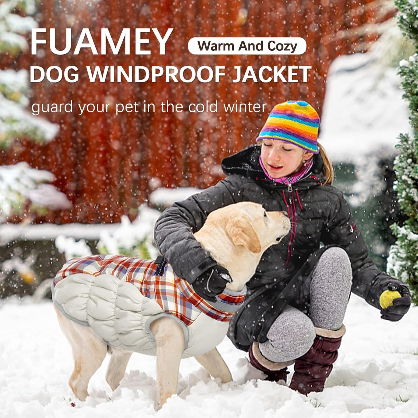 FUAMEY Dog Coat for Large Dogs,Waterproof Dog Winter Jacket with Harness Built in Puppy Cold Weather Coats Reflective Pet Vest with Zipper Warm Fleece Dogs Snowsuit Windproof Red Plaid XXL
