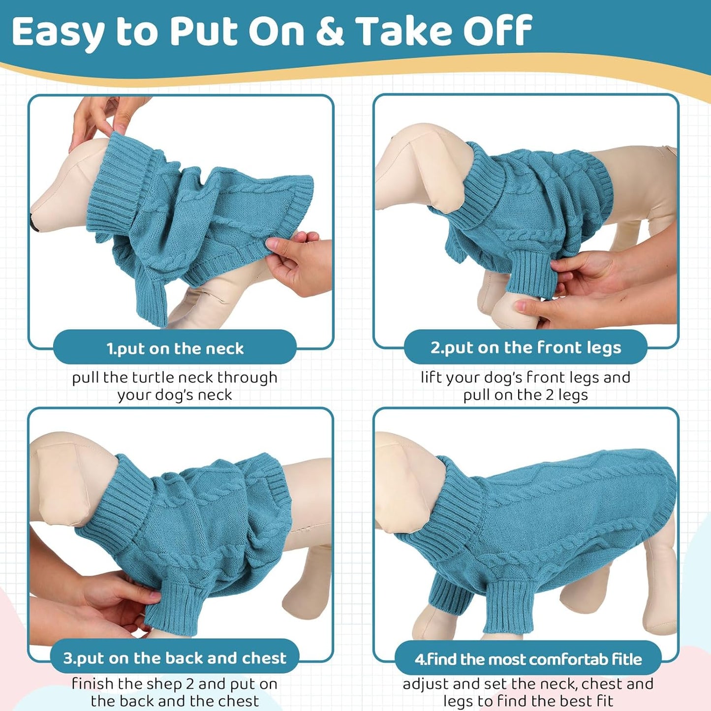 Queenmore Small Dog Pullover Sweater, Cold Weather Cable Knitwear, Classic Turtleneck Thick Warm Clothes for Chihuahua, Bulldog, Dachshund, Pug (Peacock Blue, X-Large)