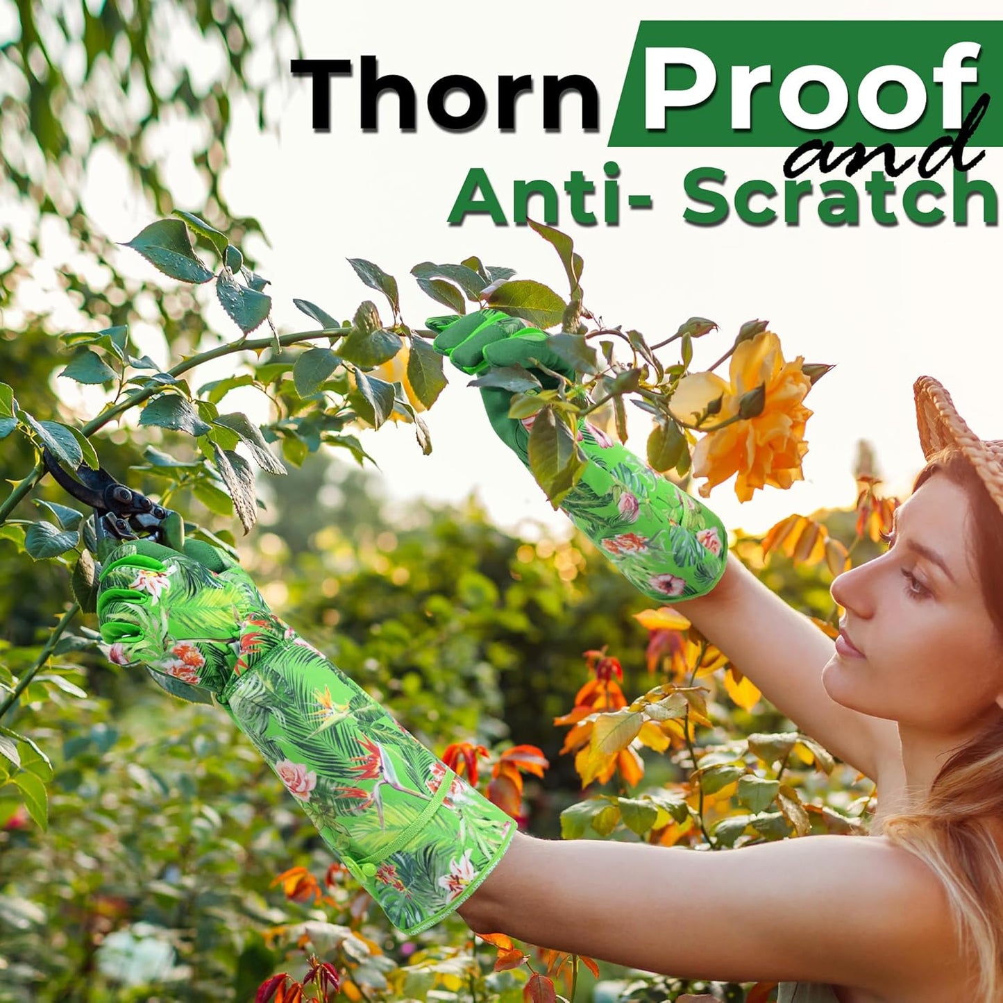 HANDLANDY Women Gardening Gloves, Thorn Proof Breathable Ladies Rose Pruning Long Gauntlet Floral Print Garden Yard Gloves, Gift for Gardeners (Green, XL)