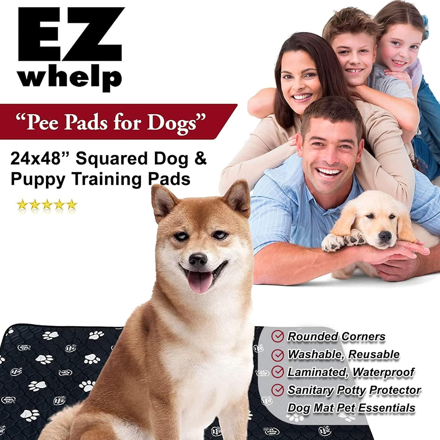 EZwhelp Reusable Dog Pee Pads, Washable Waterproof Mats for Dog Potty Training or Whelping Pads, 24x48 Inch, 2 Pack