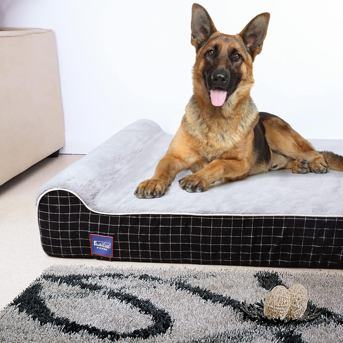 Laifug Orthopedic Memory Foam Extra Large Dog Bed with Pillow and Durable Water Proof Liner & Removable Washable Cover & Smart Design (Jumbo (50"x36"x10"), Black Grid Gray)