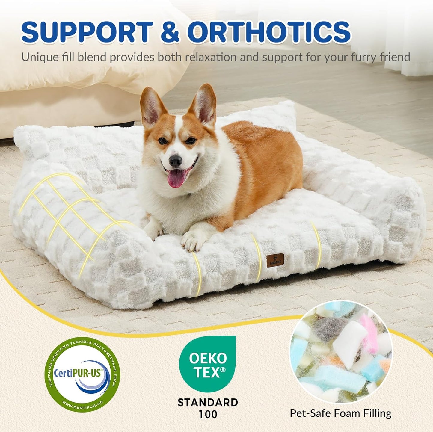 Cat Bed Dog Couch for Puppy and Kitten, Fluffy Dog Bed Medium Dogs Couch, Supportive Cat beds for Indoor Cats, Washable Cover & Non-Slip, 32 inch, White