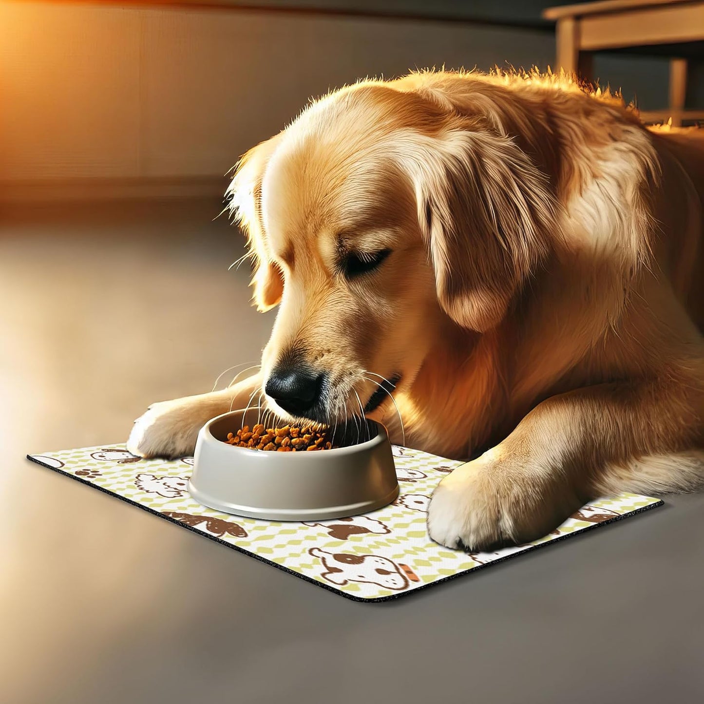 Lunarable Dog Pet Mat for Food and Water, Modern Pattern with Puppy Dogs and Paws Doodle Style Design Pet Animal Print, Rectangle Non-Slip Rubber Mat for Dogs and Cats, White and Green