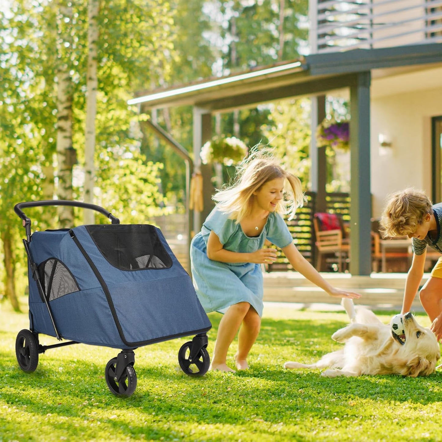 Large Dog Travel Stroller with 4 Heavy Duty Wheels Pet Stroller with Adjustable Handle - Double Doggie Capacity Jogger Wagon with Back Front Door for Small Medium Large Dogs (Navy-C)