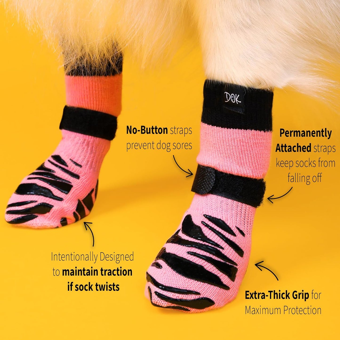 DOK TigerToes Premium Non-Slip Dog Socks for Hardwood Floors - Extra-Thick Grip That Works Even When Twisted - Prevents Licking, Slipping, and Great for Dog Paw Protection (Sassy Pink, X-Large)