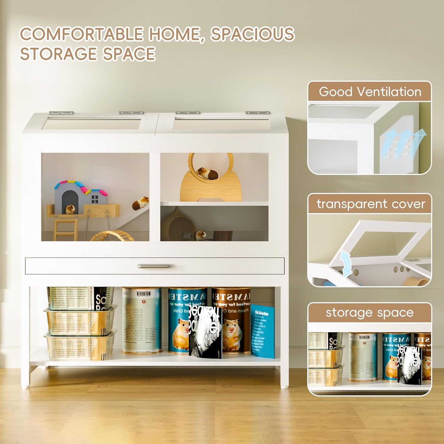 Hamster Cage with Storage Cabinet, Guinea Pig Cage for Small Animals, Large Hamster Cage and Habitat with Easy View Acrylic Panels and Pull Out Drawer for Hamster, Rabbit, Hedgehog, Easy to Clean