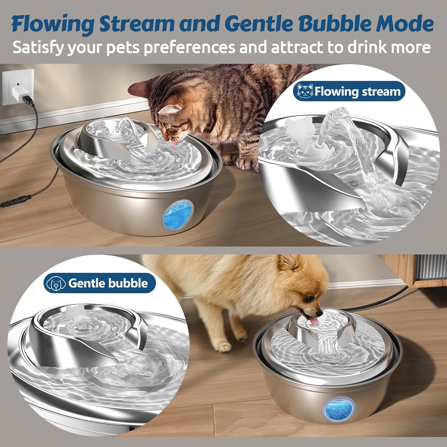 ORSDA Cat Water Fountain Stainless Steel, Automatic Pet Water Fountain, 67oz/2L Drinking Fountain Dog Water Dispenser with Water Level Window for Cats and Small Dogs- 4Pcs Filters (D36)