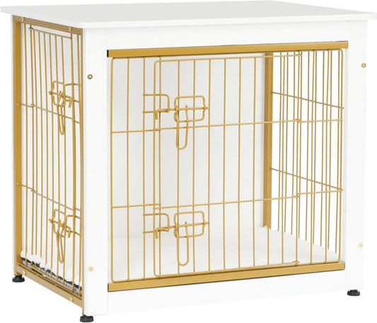 DWANTON Dog Crate Furniture with Cushion, Wooden Kennel Table with Double Doors, Indoor Dog House, Small/Medium/Large Size, 27.2" L, White