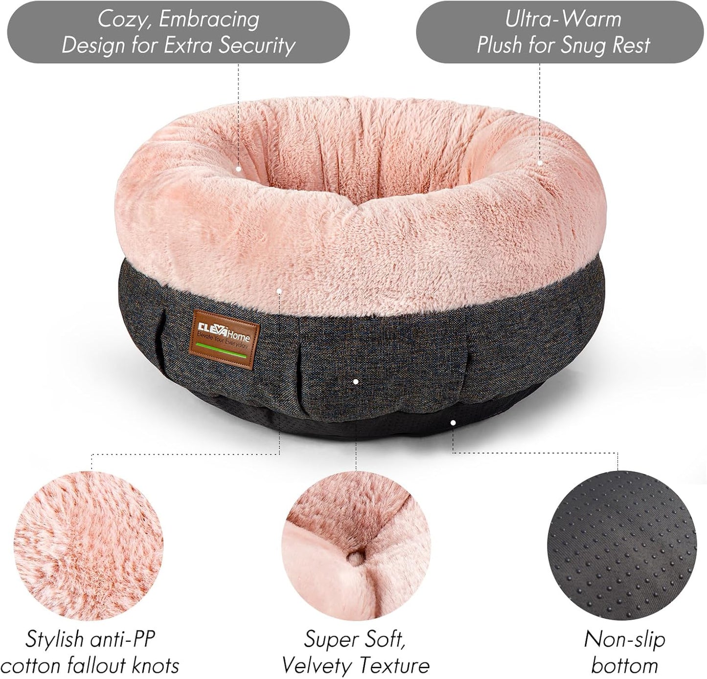 ClevaHome Cozy Cat Bed - Ultra-Soft Plush Pet Bed with Raised Sides and Anti-Slip Base, Comfortable Round Bed for Small Pets up to 11 lbs