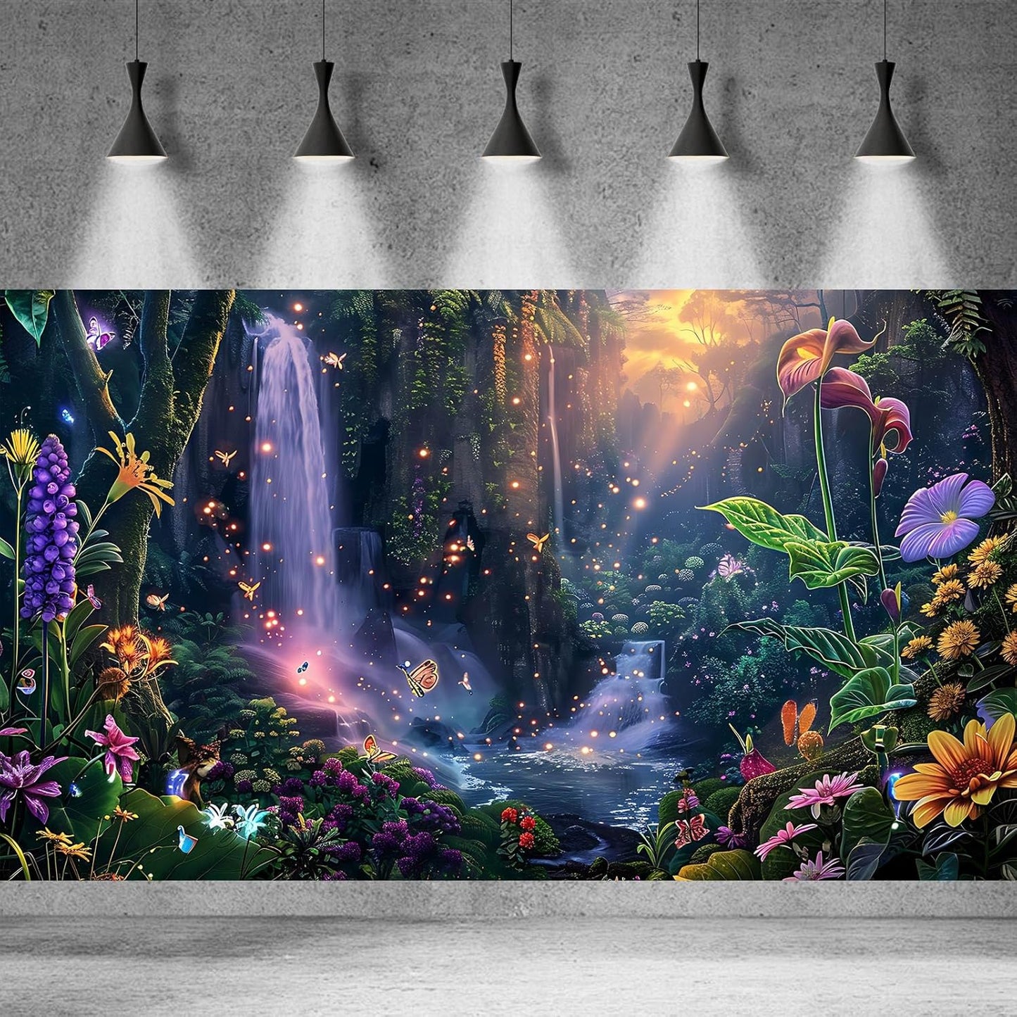 Fantasy Garden Aquarium Background Sunset Waterfall and Flowers Terrarium Backdrop Tropical Forest Lush Plant Magic Butterfly Lights Flowers Fish Tank Background Poster Decorations 36x18in