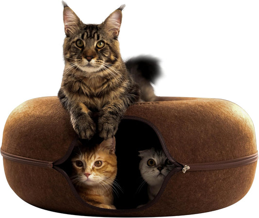Cattasaurus Peekaboo Cat Cave for Multiple & Large Cats Up to 30-45 Lbs, Scratch Detachable & Washable Tunnel Bed, Comfy Donut Cat Cave (Brown, Jumbo)