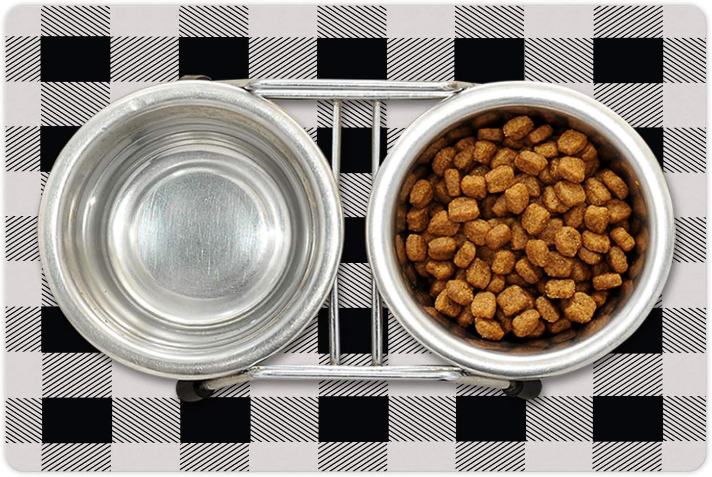 Lunarable Plaid Pet Mat for Food and Water, Monochrome Traditional Lumberjack Pattern Repating Checkered Squares Design, Non-Slip Rubber Mat for Dogs and Cats, 18" X 12", Grey Black