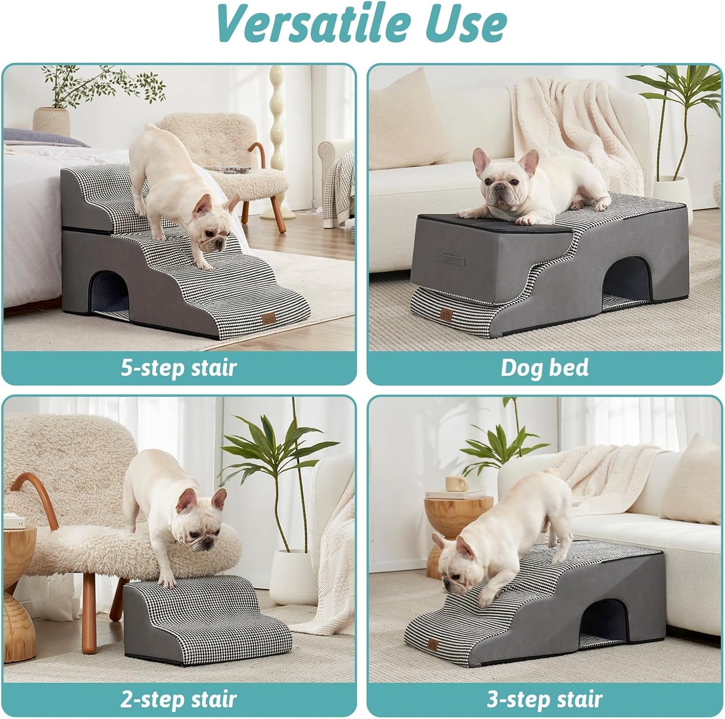 Wide Dog Stairs with Tunnel, Foam Detachable Large Dog Step for Small Pet, Puppy or Cats, Medium Pet Ramp for High Bed, Couch, Sofa or Car, 19.7x33x22.4 inch, 5 Step, White Black