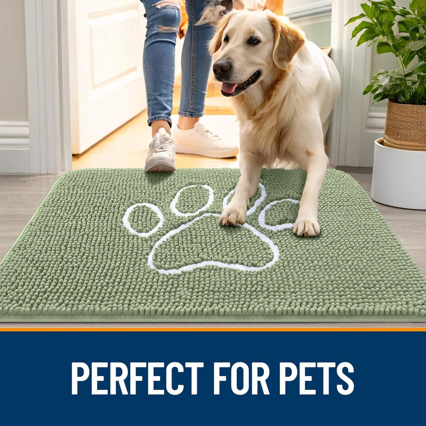 OLANLY Door Mat for Muddy Dog Paws 30x20, Ultra Absorbent Chenille Mud Doormat with Paw Print Design, Non-Slip Washable Doormat for Indoor Entryway, Quick-Dry Pet Bed Mats for Dirty Dogs, Sage Green