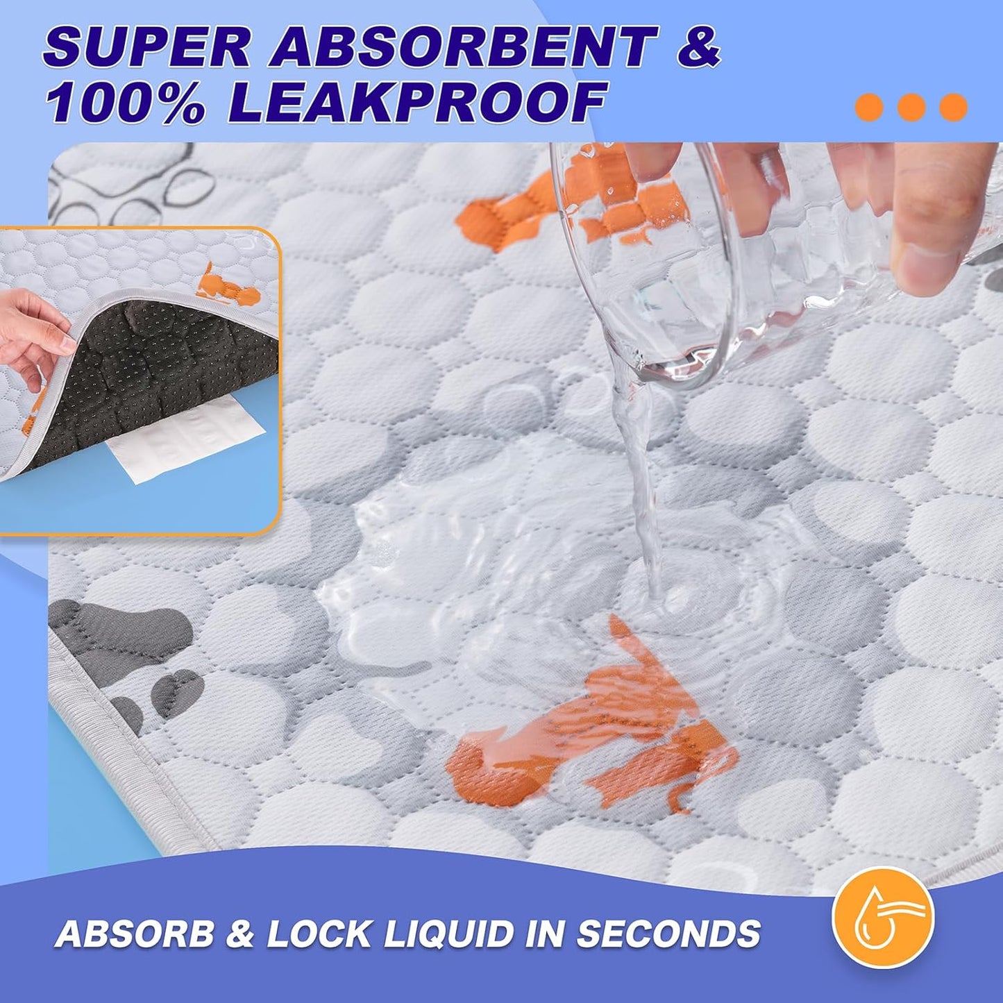 Washable Pee Pads for Dogs, 1 Pack Absorbent Reusable Training Dog Pads Pet Puppy Pads, Non-Slip Potty Pads for Whelping, Playpen, Crate, Bed, Orange, 72"x72"