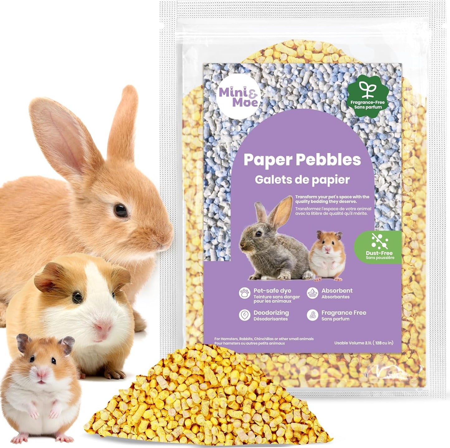 mini&moe Rabbit Litter Paper Pellet Bedding: Hamster Bedding Odor Control & Moisture Absorbent Natural Paper Pellet Bedding - for Small Animal Guinea Pigs,Rabbits Bedding 1.98lb