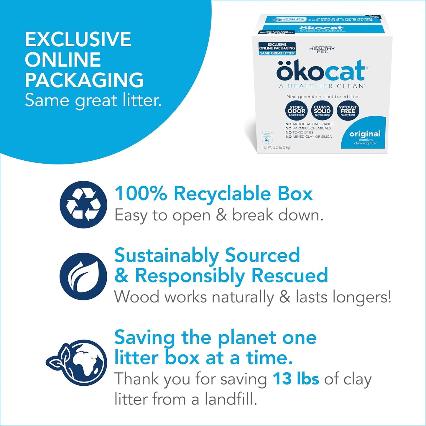 ökocat Original Wood Clumping Cat Litter, Unscented, 13.2 pounds - Natural Ingredients, Stops Odor, Clumps Solid, 99% Dust Free, Great for All Cats