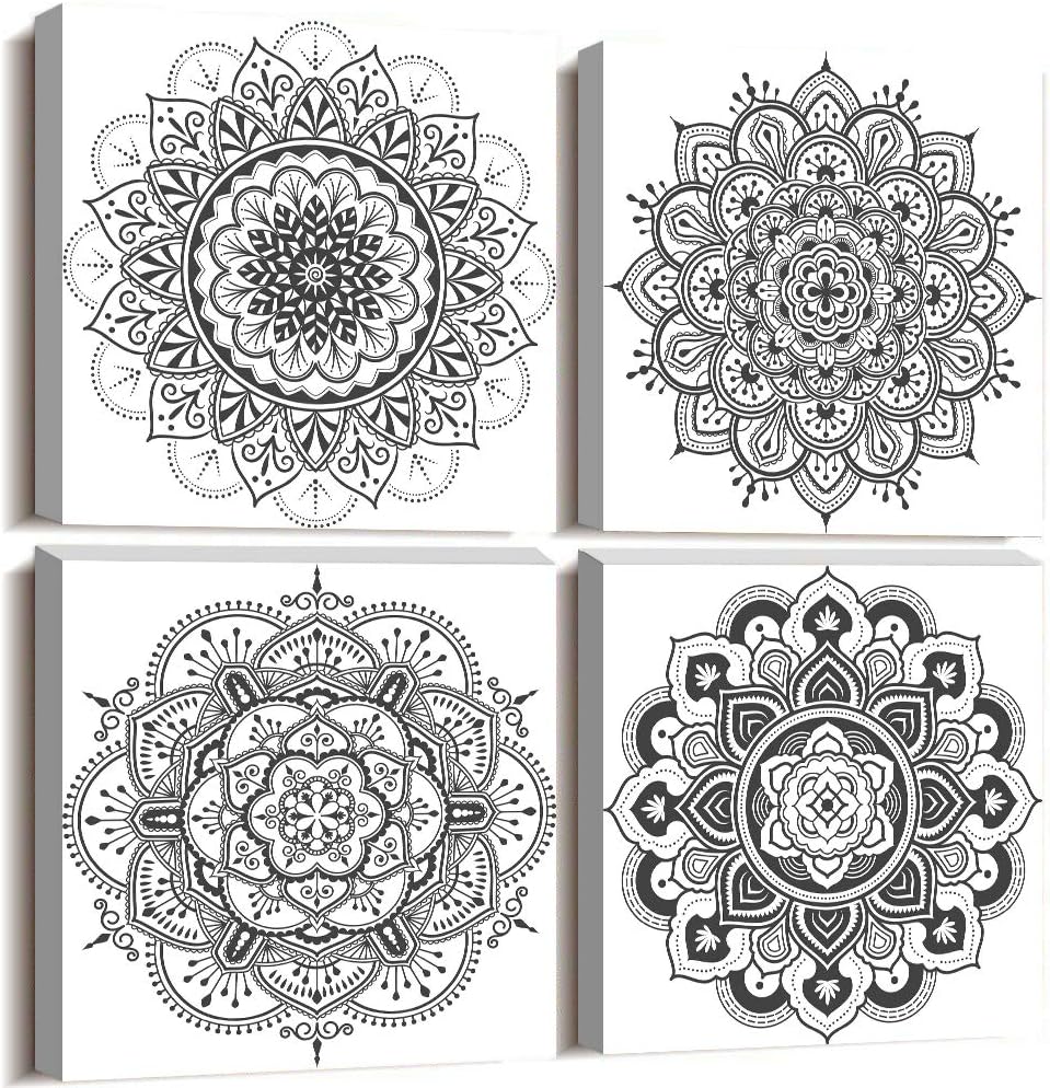 Black and white art Decorative pattern Canvas Wall Art for Living Room Bedroom wall decor Bathroom decorations,4 piece Modern Home decoration inspirational wall paintings Posters Pictures artwork