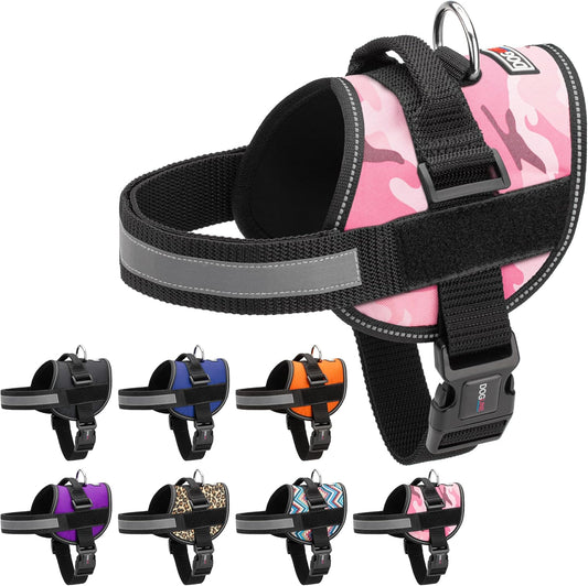 Dogline Dog Harness, Reflective No-Pull Adjustable Vest with Handle for Walking, Training, Breathable, No - Choke Harness for Small, Medium or Large Dogs Room for Patches Girth 22"-28" in Pink Camo